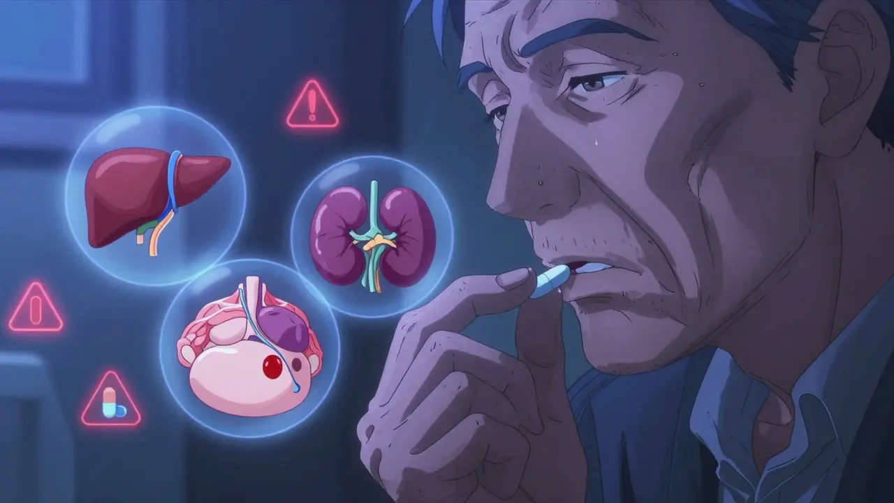 Zitternde Hand eines älteren Mannes nimmt eine Tablette ein, umgeben von metabolischen Symbolen.