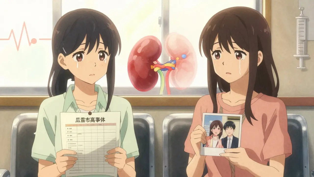 Zwei Frauen in einer Wartezimmer-Szene, eine hält eine Krankenakte, die andere ein Familienfoto.