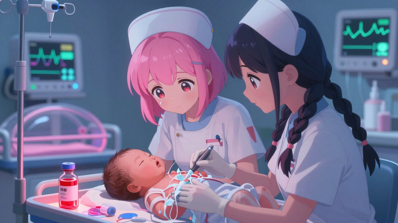 Zwei medizinische Fachkräfte überprüfen eine Hochrisiko-Infusion bei einem Neugeborenen auf der Neonatologie-Station.