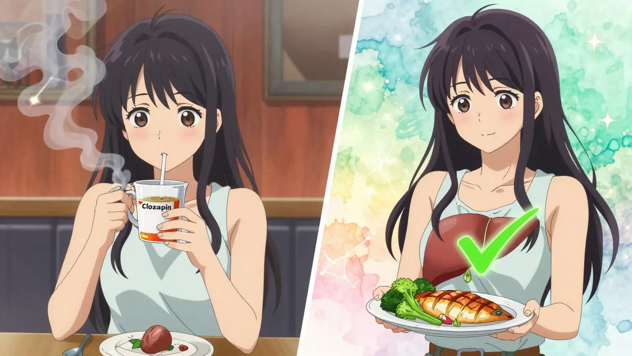 Zwei Szenen: eine Frau sorgt sich um ihre Medikamente neben verbranntem Fleisch, dann lächelt sie mit gesundem Grillgemüse.