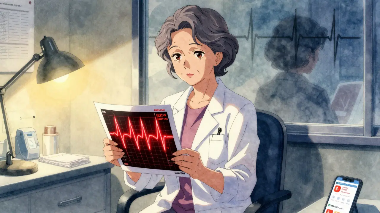 68-jährige Frau mit auffällig verlängertem QT-Intervall auf EKG-Ausdruck.