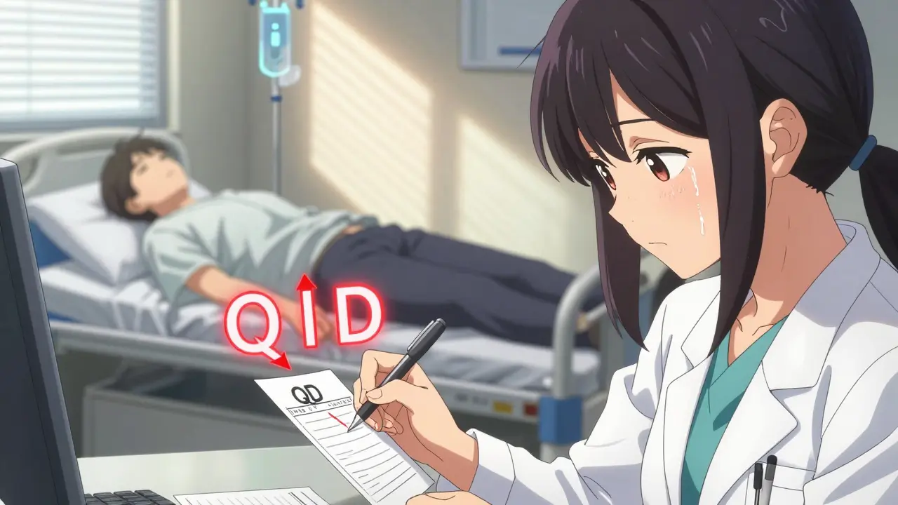 A doctor writes 'QD' on a prescription as it transforms into 'QID' in the air, with a patient collapsing in the background.