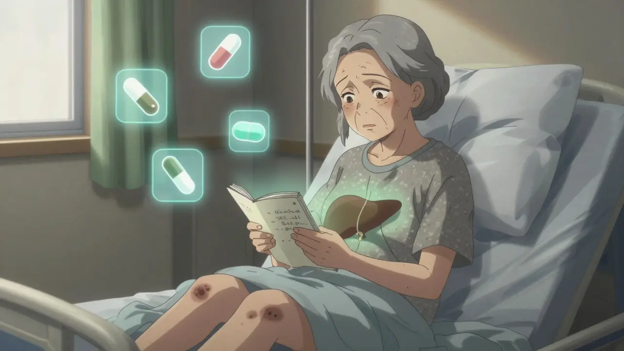 Ältere Frau im Krankenhausbett mit gelblicher Haut und schwebenden Medikamentensymbolen, verzweifelter Blick.