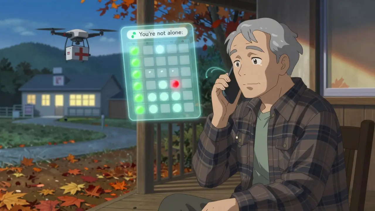 Älterer Mann auf Veranda, telefoniert mit Telehealth-Dienst, medizinische Pillen-Avatar schweben über ihm.