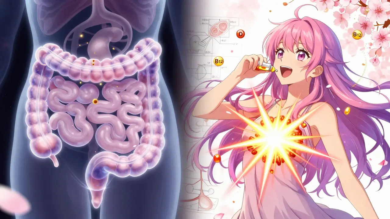 Anime-Szene: Nährstoffe fließen durch umgeleiteten Darm, während B12-Tropfen Energie freisetzen.