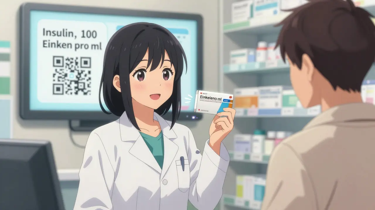 Apotheker und Patientin bestätigen gemeinsam Medikamentendetails laut, QR-Code sichtbar im Hintergrund.