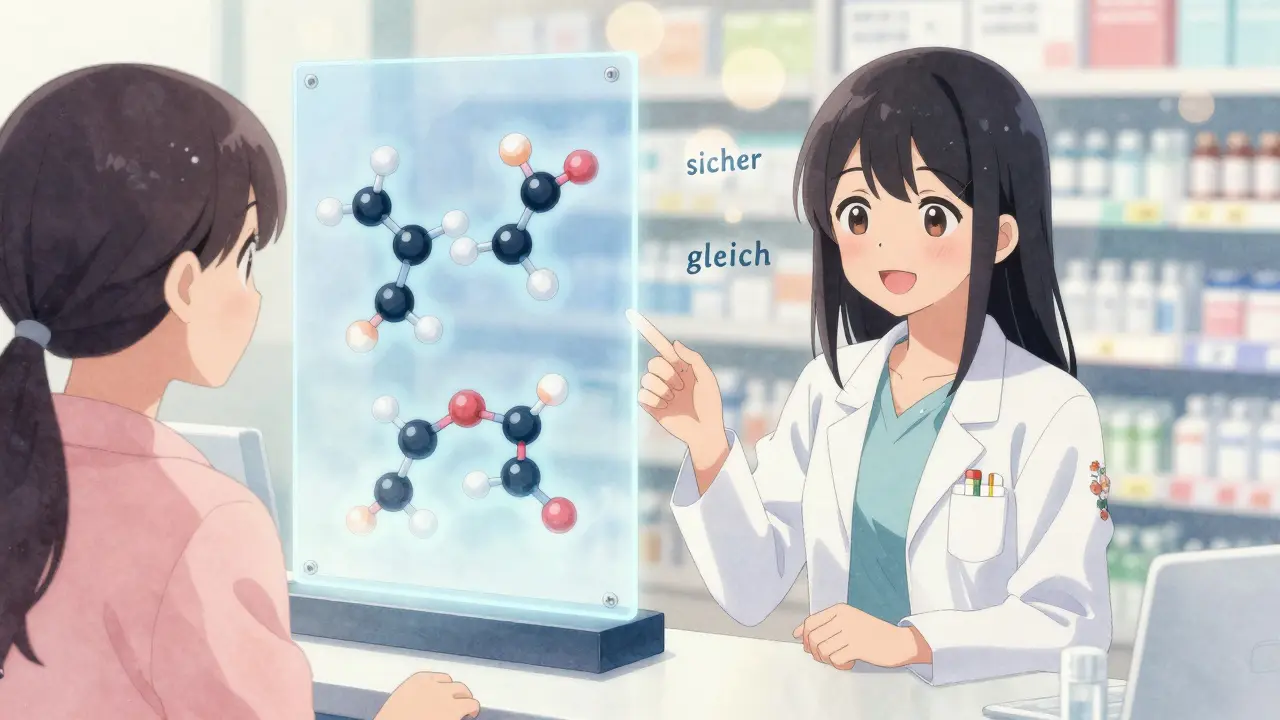 Apothekerin erklärt einem Patienten die Gleichwertigkeit von Generika und Markenmedikamenten an der Theke.