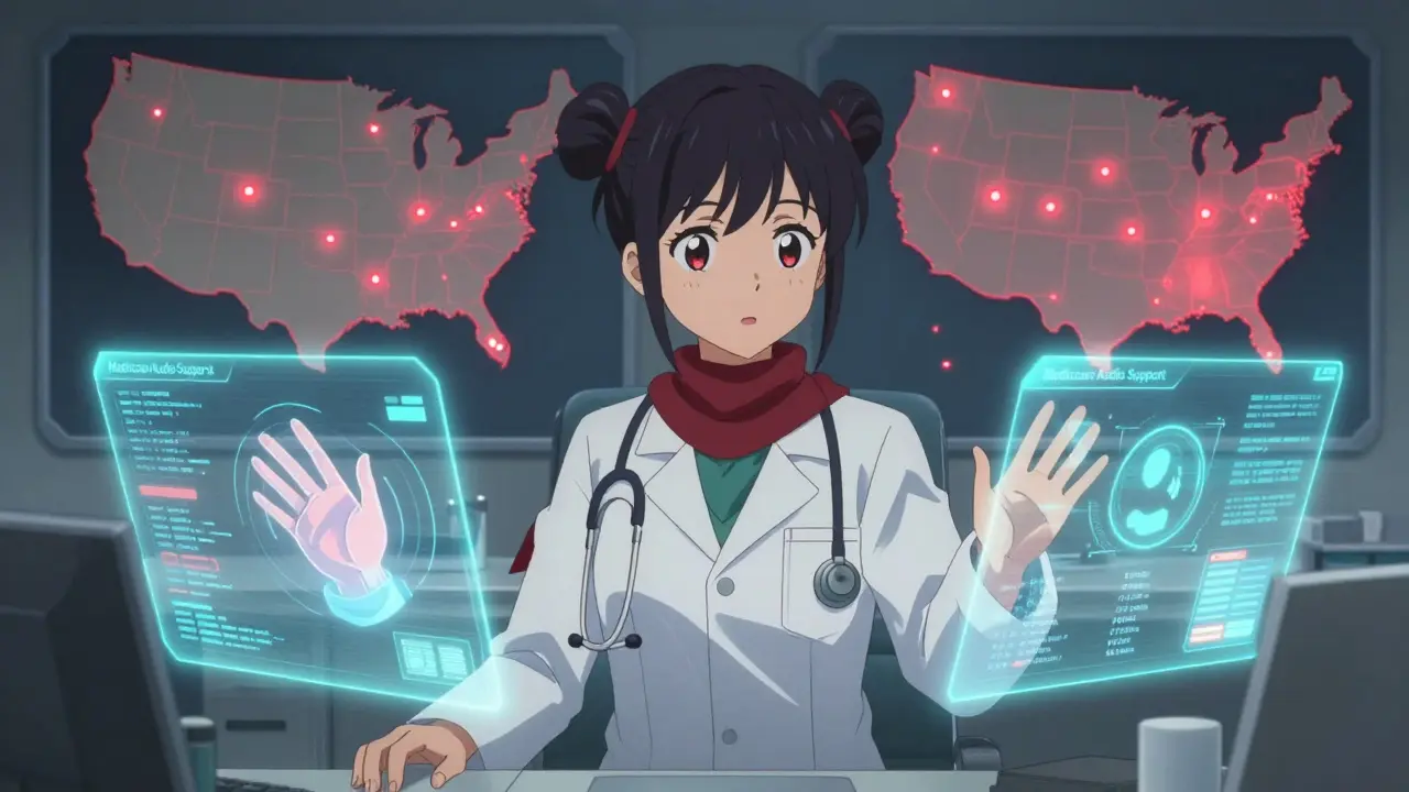 Apothekerin in Datenzentrale, überwacht ländliche Patienten mit holographischen Vitaldaten und Audio-Call-Icons.