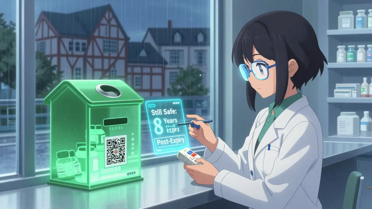 Apothekerin scannt QR-Code an Medikamentenpackung, holografische Haltbarkeitsanzeige.