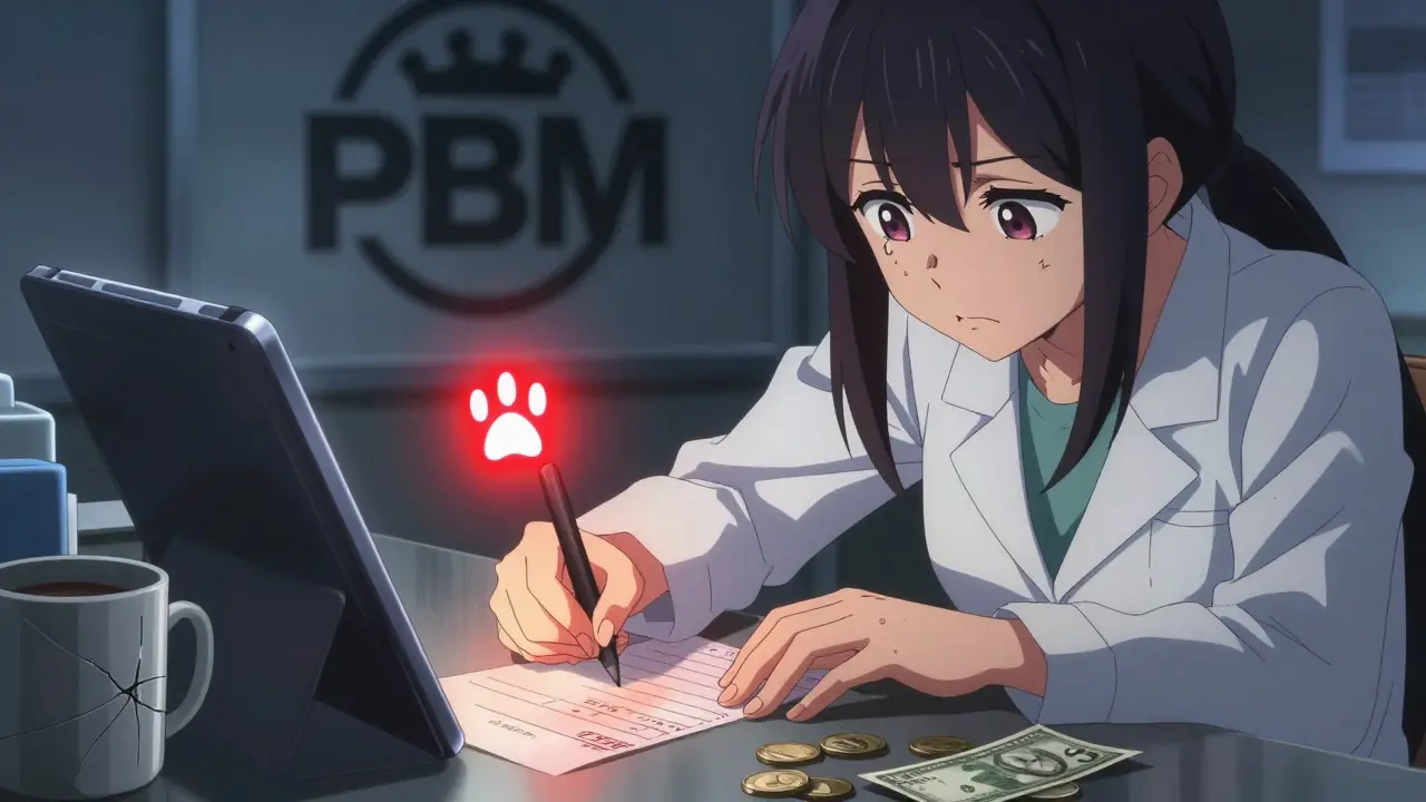 Apothekerin sieht erschöpft auf ein rotes Rückzahlungssignal auf ihrem Tablet, Schatten einer PBM-Firma im Hintergrund.