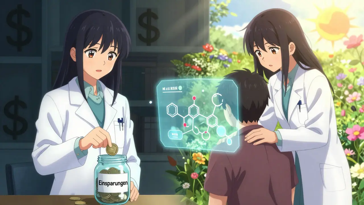Ärztin legt Euro in Spar-Jar, während holografische Medikamente gleichwertig zeigen, Licht und Dunkelheit im Hintergrund.