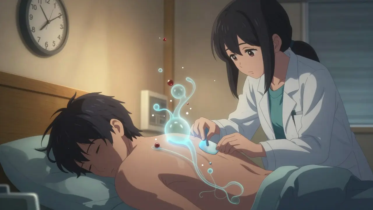 Ärztin nimmt Fentanyl-Pflaster ab, geisterhafte Moleküle schweben aus der Haut, Uhr zeigt 24 Stunden danach.