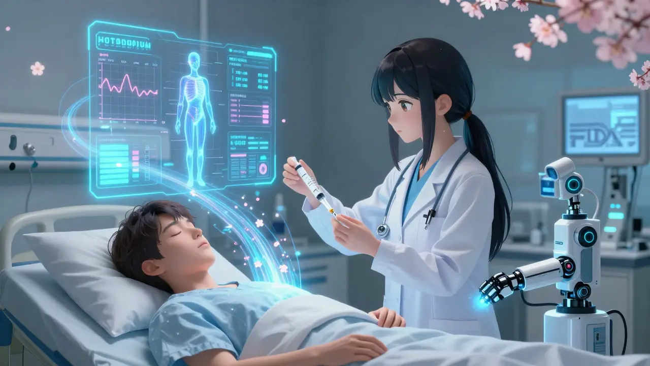 Ärztin nutzt eine KI-gestützte Schnittstelle zur personalisierten Medikamentendosierung basierend auf Körperanalyse.