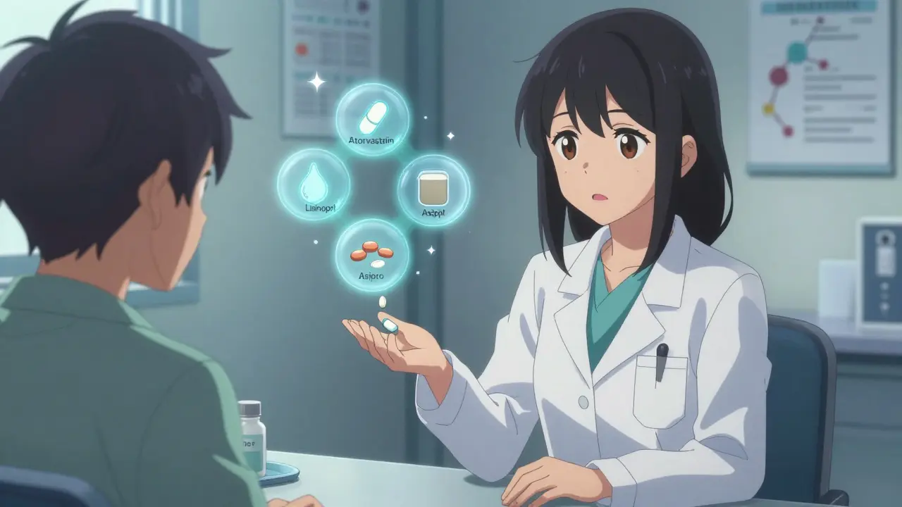 Ärztin reicht einem Patienten eine Kombinationstablette, während Wirkstoffe in ihr aufgelöst werden.