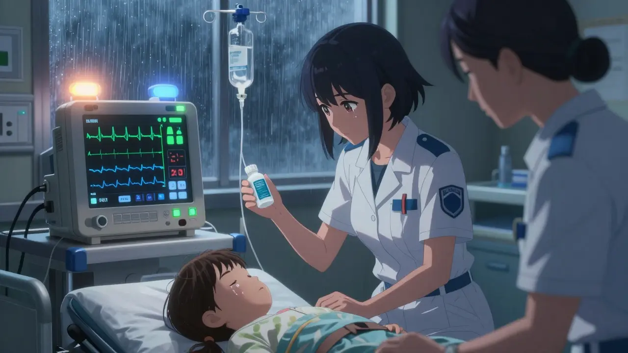 Ein Kind liegt im Krankenhaus, ein EKG zeigt einen gefährlich breiten QRS-Komplex.