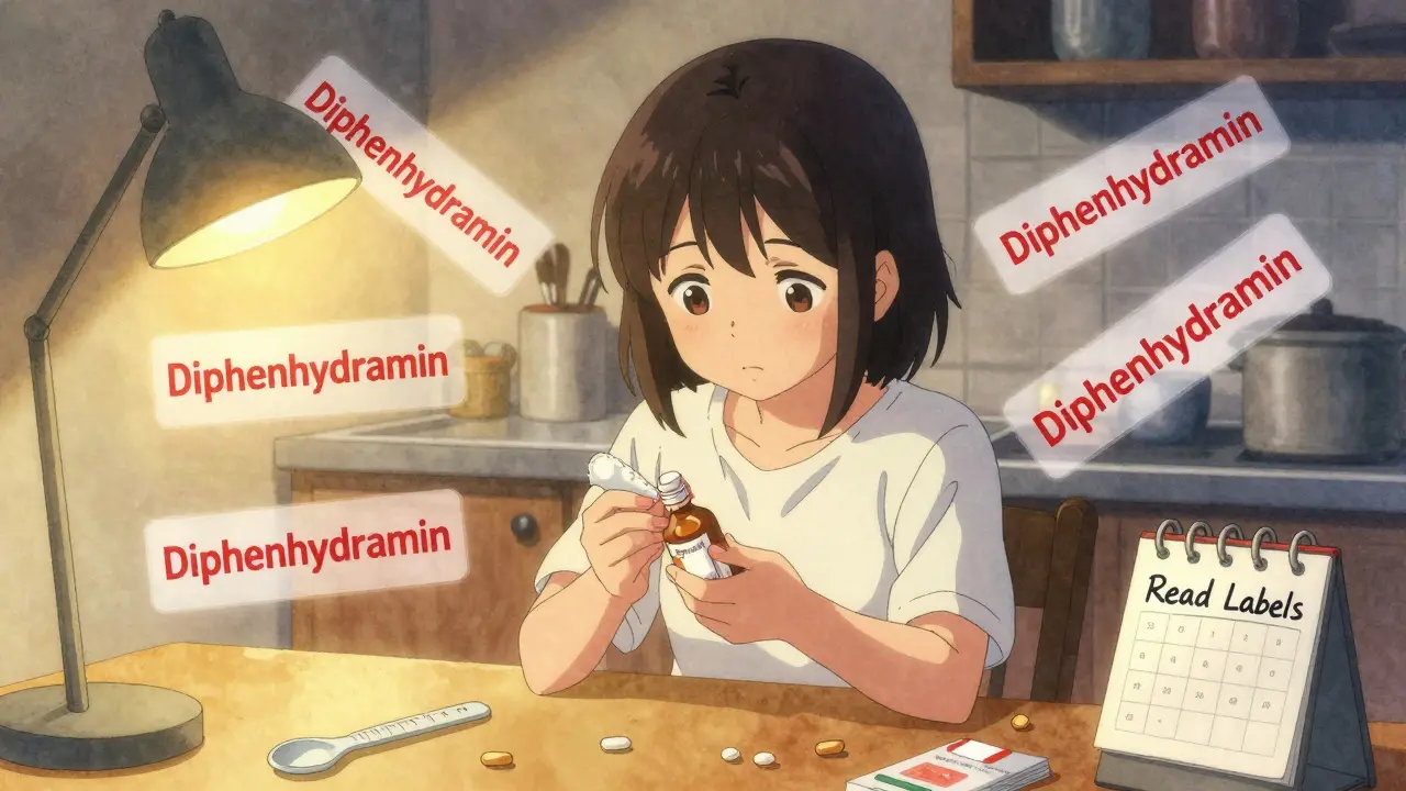 Eine Mutter hält eine Medikamentenflasche, umgeben von transparenten Etiketten mit 'Diphenhydramin'.