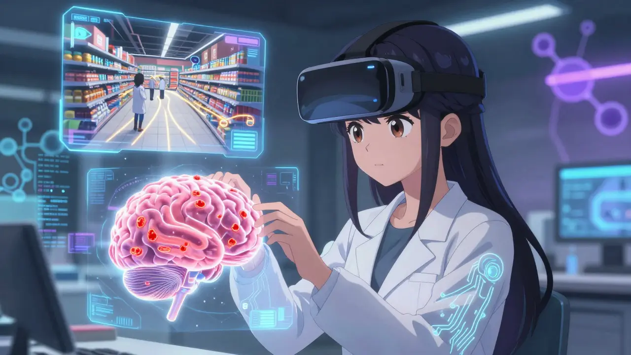 Eine Wissenschaftlerin analysiert eine holographische Gehirnmodellierung mit Amyloid-Plaques in einem modernen Labor.