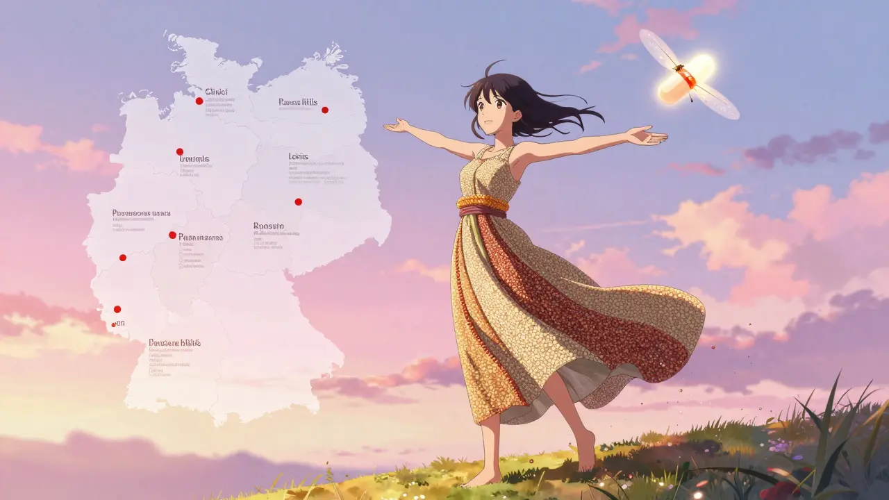 Frau auf Hügel, Kleid aus glutenfreien Körnern, Heilungs-Symbol über ihrem Darm, Sonnenlicht.