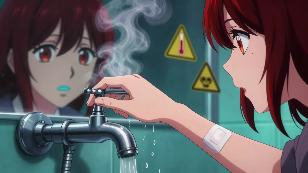 Frau dreht heiße Dusche ab, Reflexion zeigt blau verfärbte Lippen, Dampf steigt auf, Warnsymbole schweben.