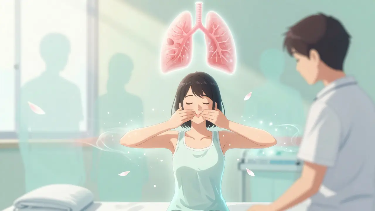 Frau in Atemtherapie, Blüten der Genesung, hellere Lunge über ihr