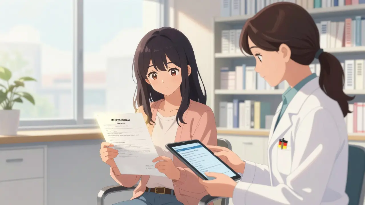 Frau in einer Klinik in Madrid erhält ein neues Rezept von einer Ärztin, Dokumente auf dem Tablet.