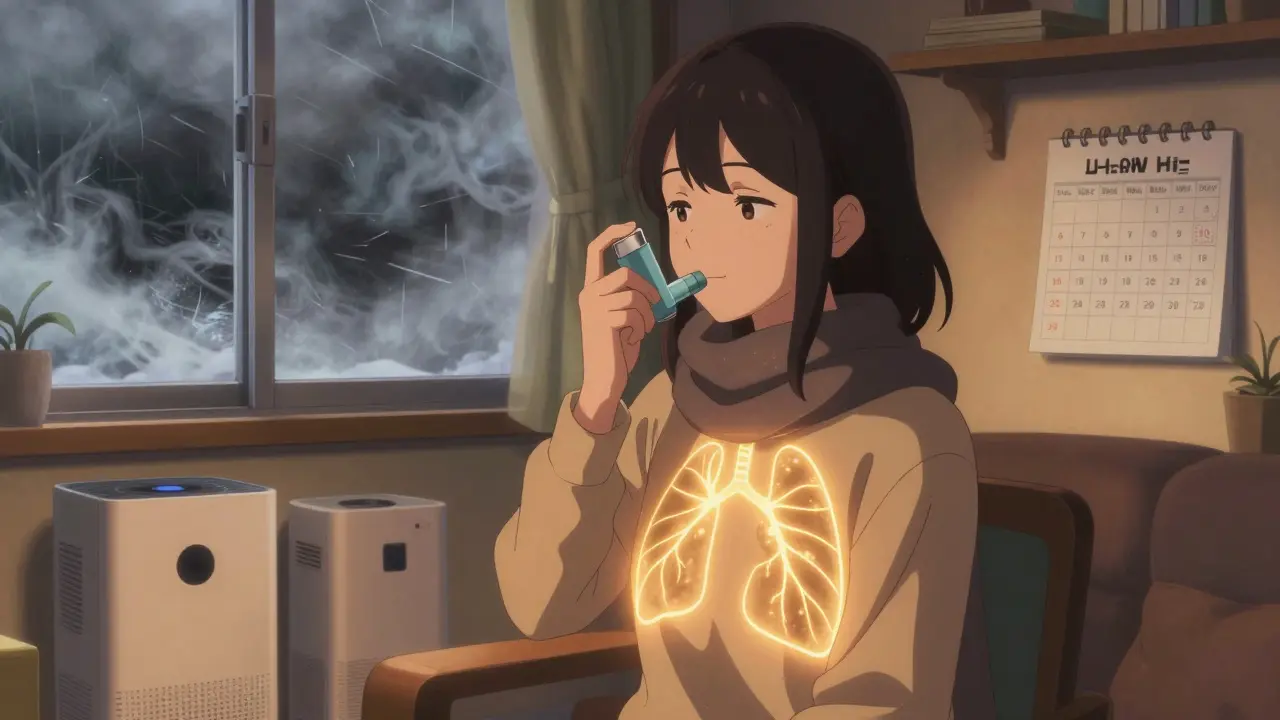 Frau mit Inhalator zu Hause, Luftreiniger, Impfkalender, warmes Licht