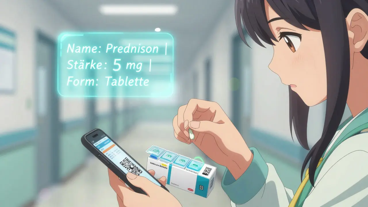 Frau scannt QR-Code am Medikament, während sie eine Tablette in die Wochenbox legt, digitale Daten schweben darüber.