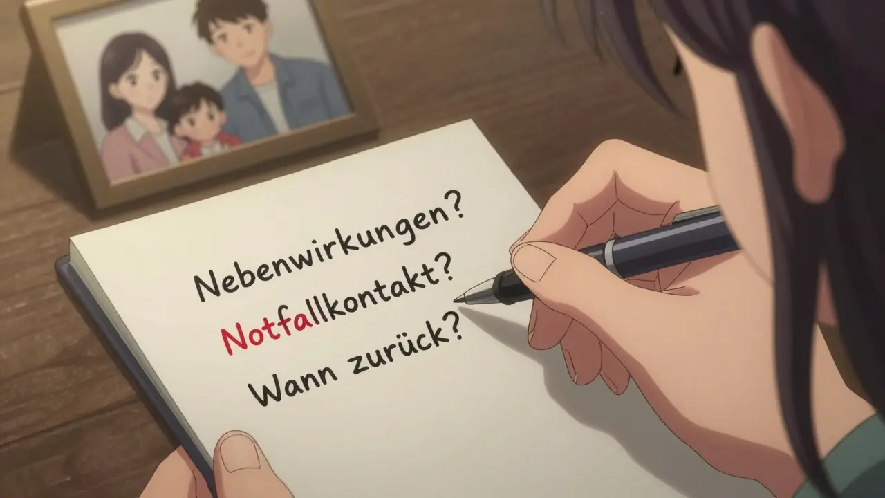 Hand schreibt drei wichtige Fragen auf einen Zettel: Nebenwirkungen, Notfallkontakt, Wann zurück?