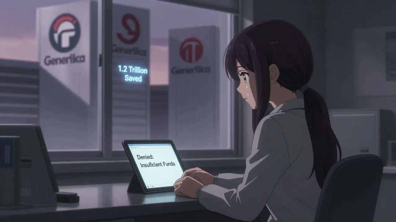 Kleine Pharma-Unternehmerin blickt traurig auf einen Ablehnungs-Bildschirm, während große Konzerne im Hintergrund dominieren.