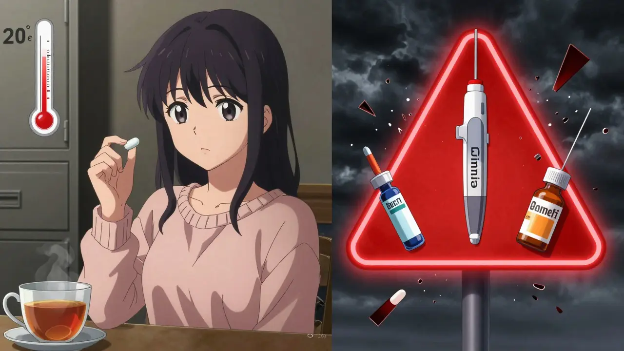 Kontrast: sichere Tablette neben gefährlichen Medikamenten, die zerbrechen – Anime-Stil.