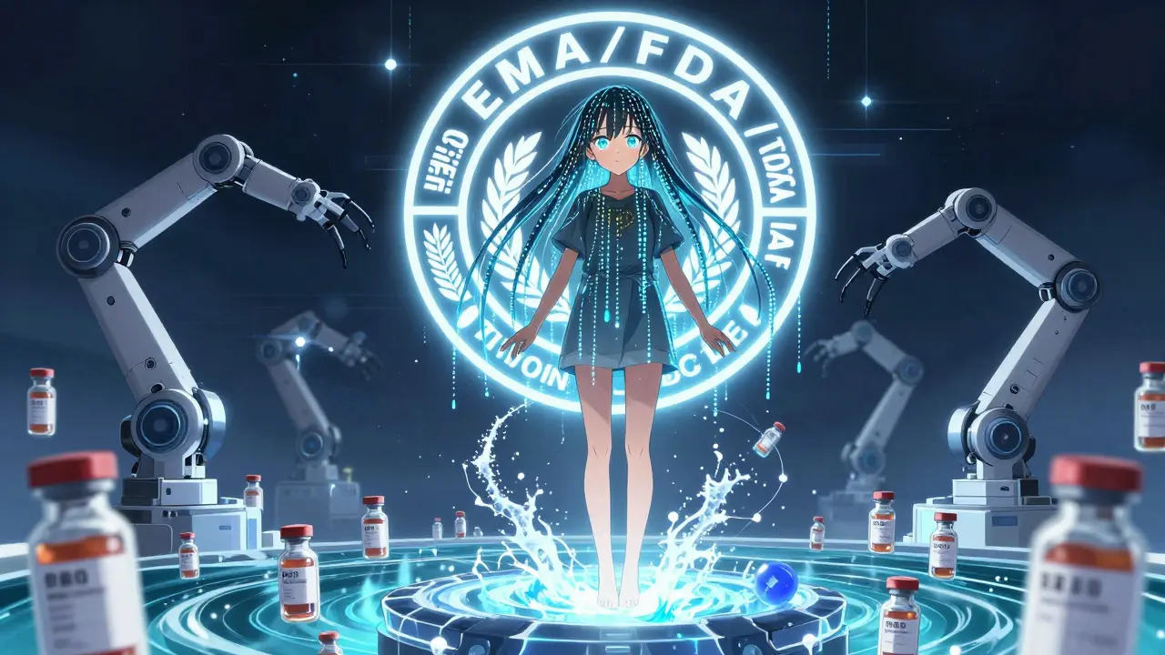 Mädchen mit Datenströmen in den Haaren, bewacht medizinische Chargen mit robotischen Armen.