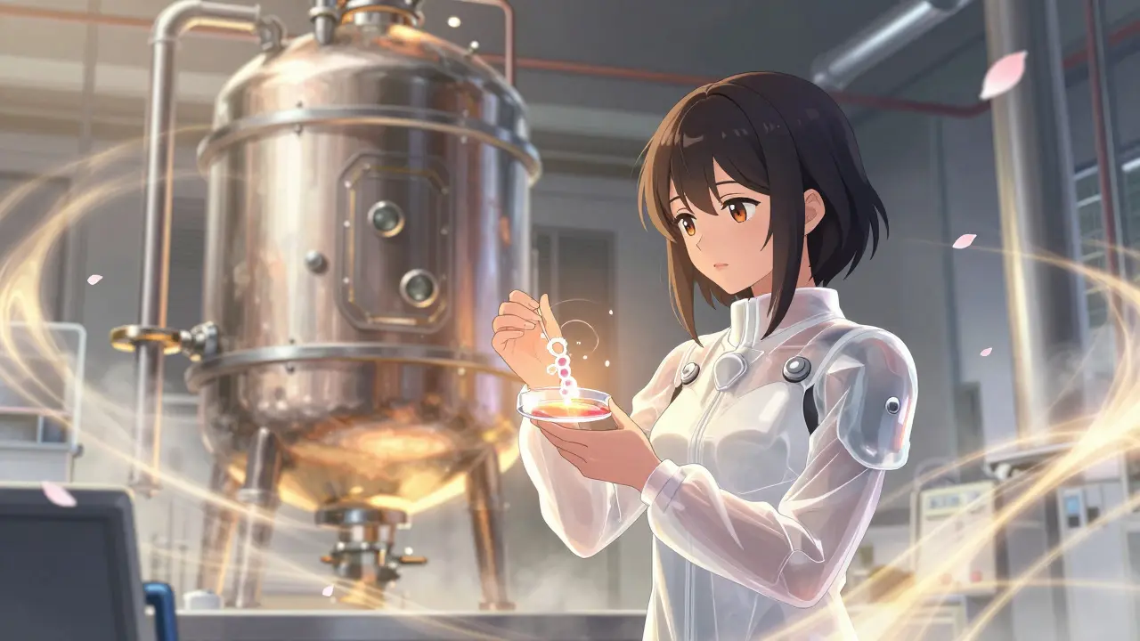 Mädchen überträgt eine Proteinprobe, während ein riesiger Bioreaktor im Hintergrund thront.