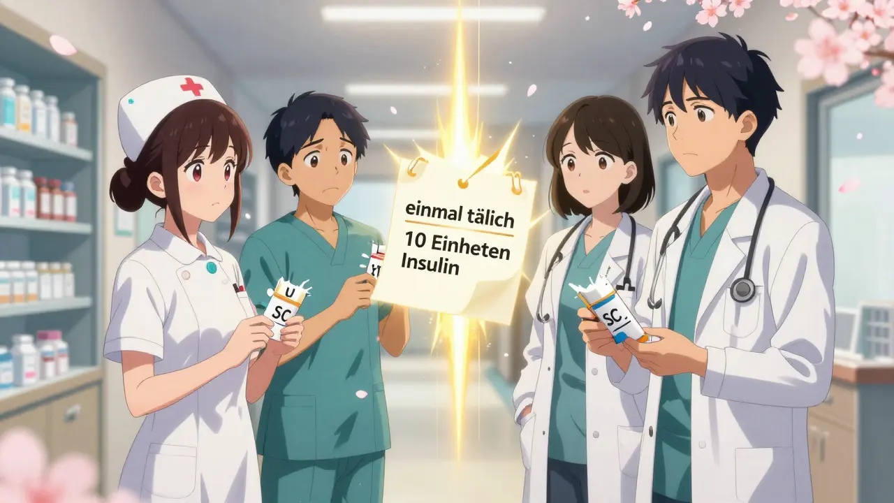 Medical staff stand together as a clean, fully written prescription glows brightly, replacing dangerous abbreviations with safe wording.