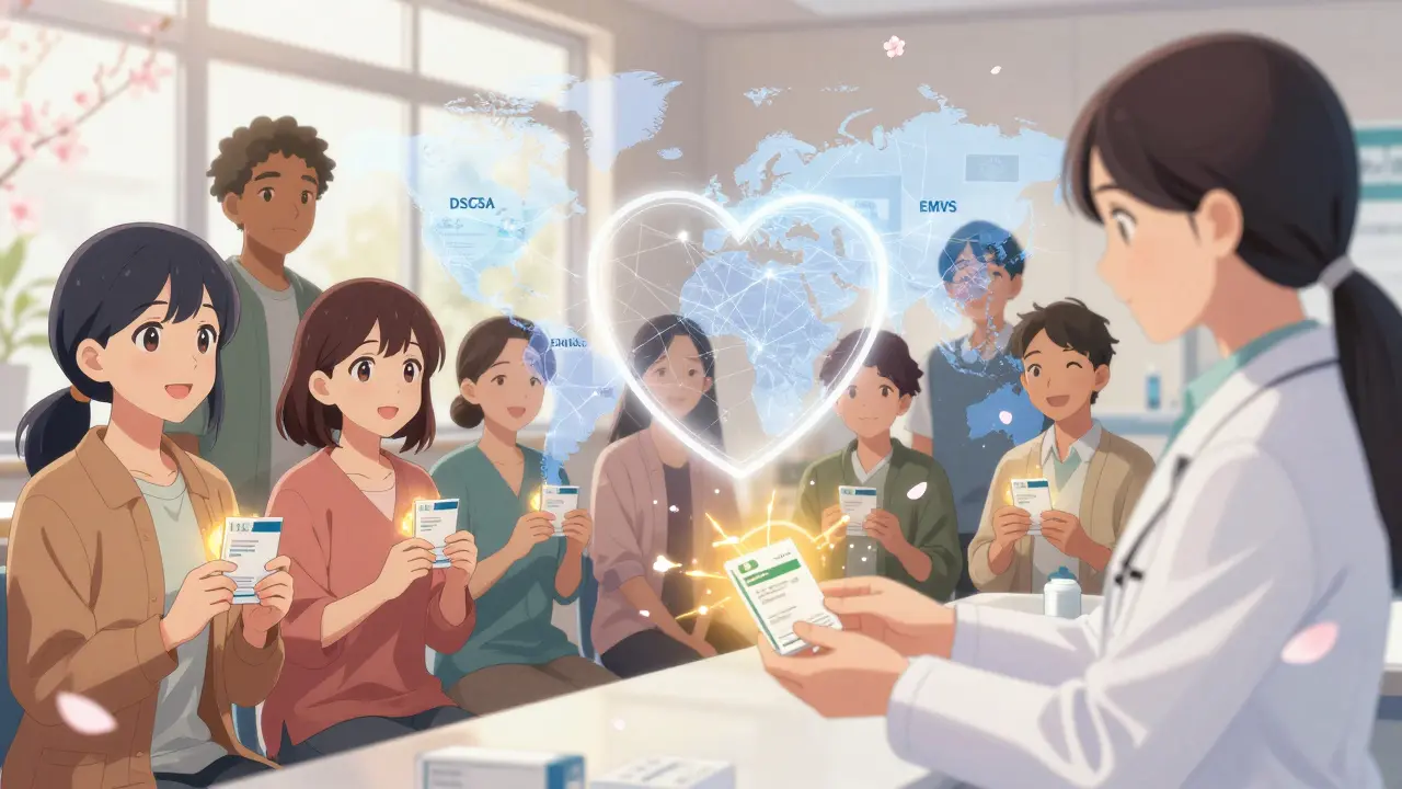 Patienten erhalten ihre Medikamente, während ein schützendes Herz aus globalen Gesundheitsnetzwerken über ihnen schwebt.