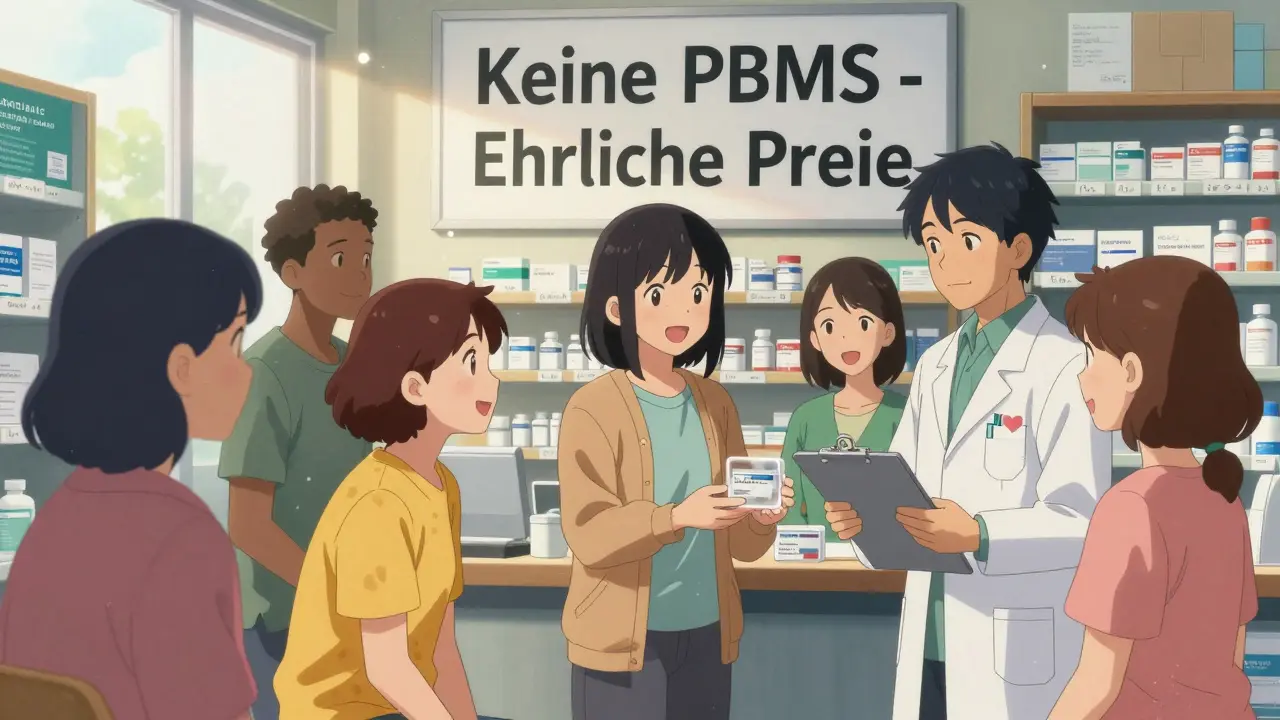 Patienten erhalten transparente Generika von einer Apothekerin, Schild 'Keine PBMs' im Hintergrund, Sonnenlicht durchscheint.