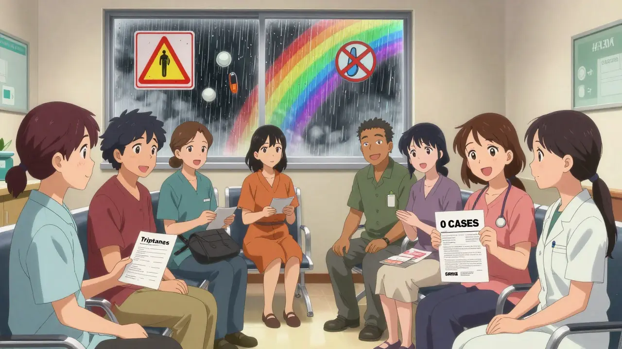 Patienten in einer Klinik lächeln, halten Rezepte für beide Medikamente, veraltete Warnungen lösen sich in Regenbogen auf.