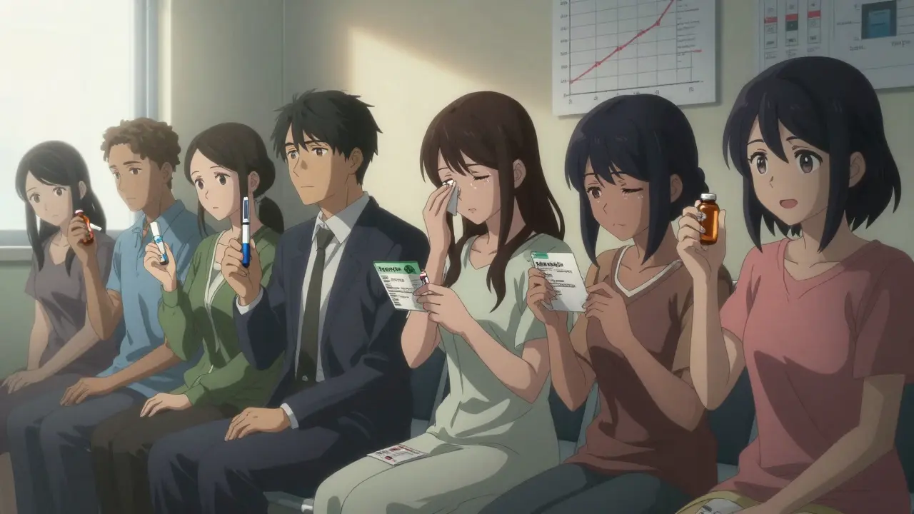 Patienten in einer Klinik mit verschiedenen Medikamenten, einige teuer, andere günstig, emotionale Gesichter im Hintergrund.