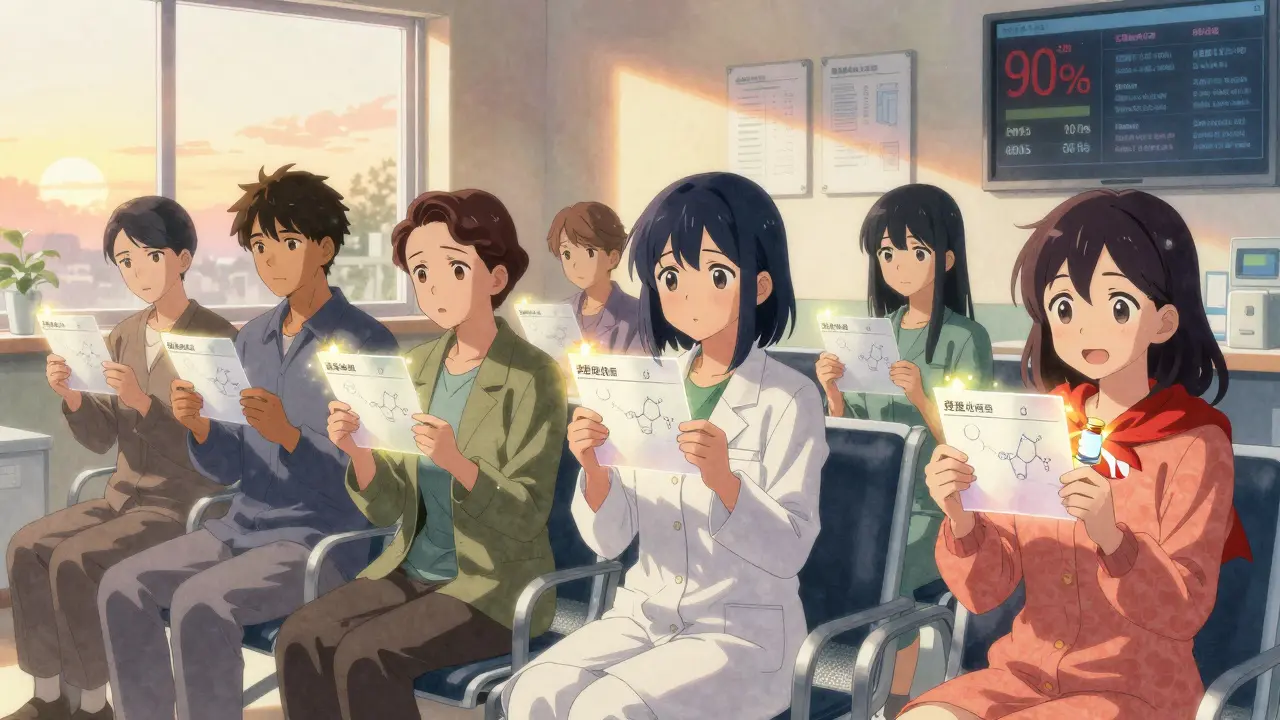 Patienten in einer Wartezimmer-Szene, über ihnen schweben transparente Wirkstoffstrukturen von Marken- und Generika.