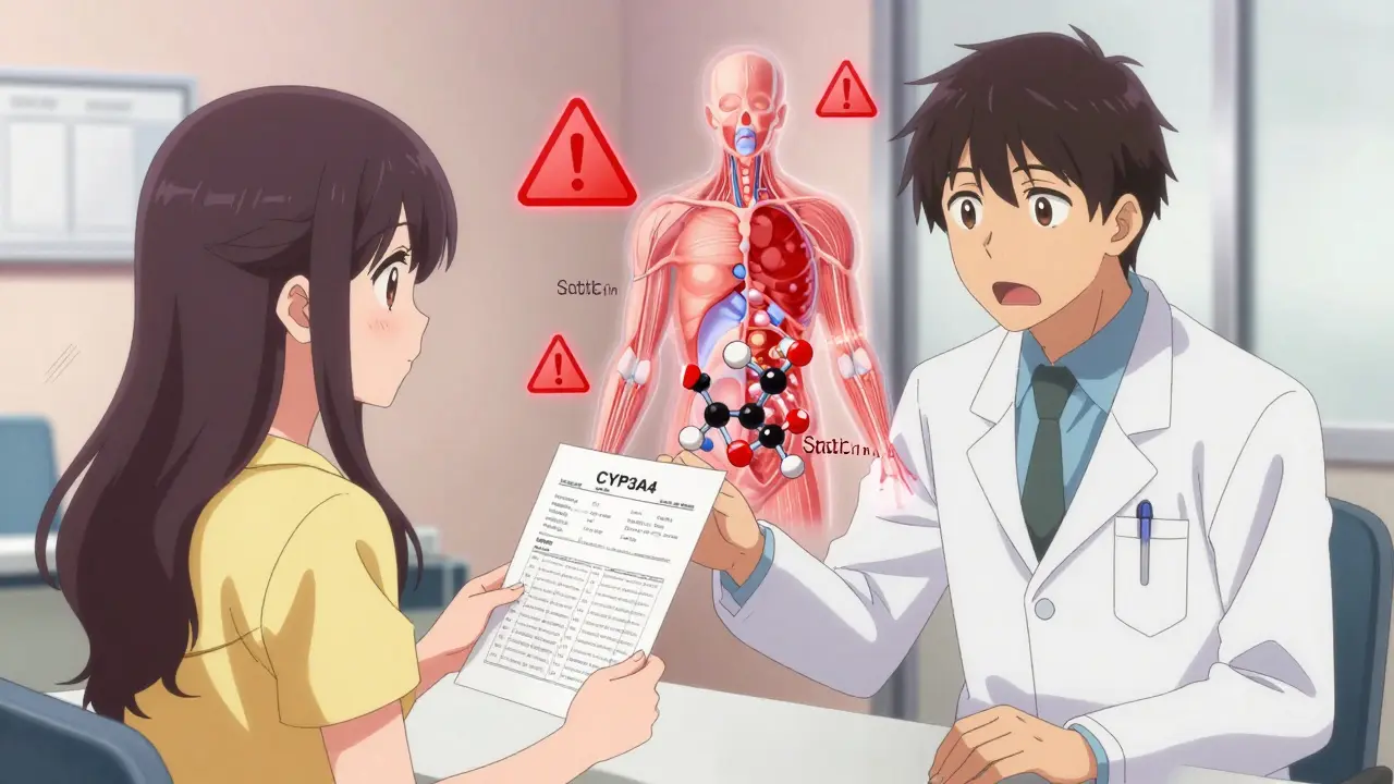 Patientin zeigt Arzt Medikamentenliste, transparente Enzym-Blockade im Hintergrund.