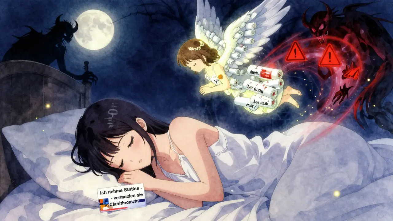 Schlafende Frau mit Sicherheitskarte, Azithromycin-Engel vertreibt gefährliche Dunkelheit.