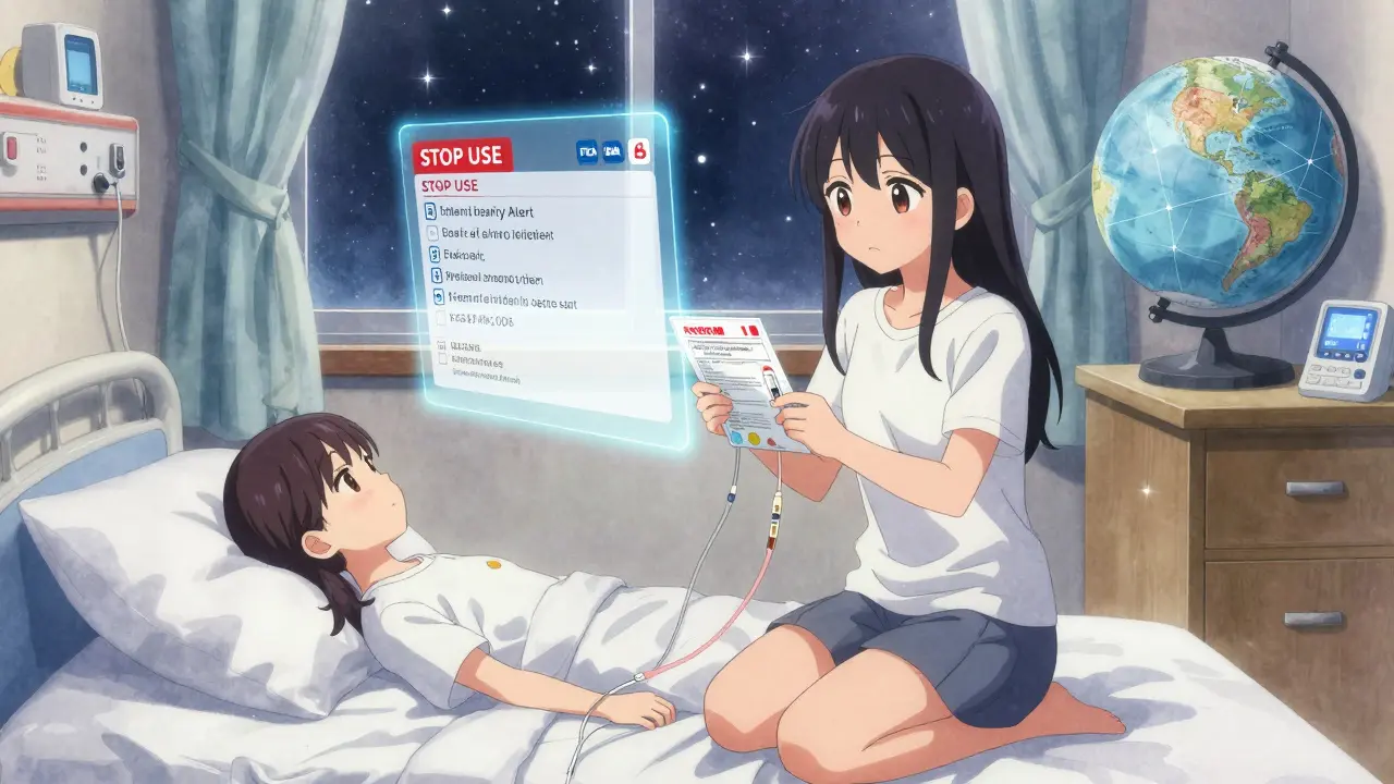 Teenager sieht eine holographische FDA-Early-Alert-Warnung über ihrem Insulinpumpen.