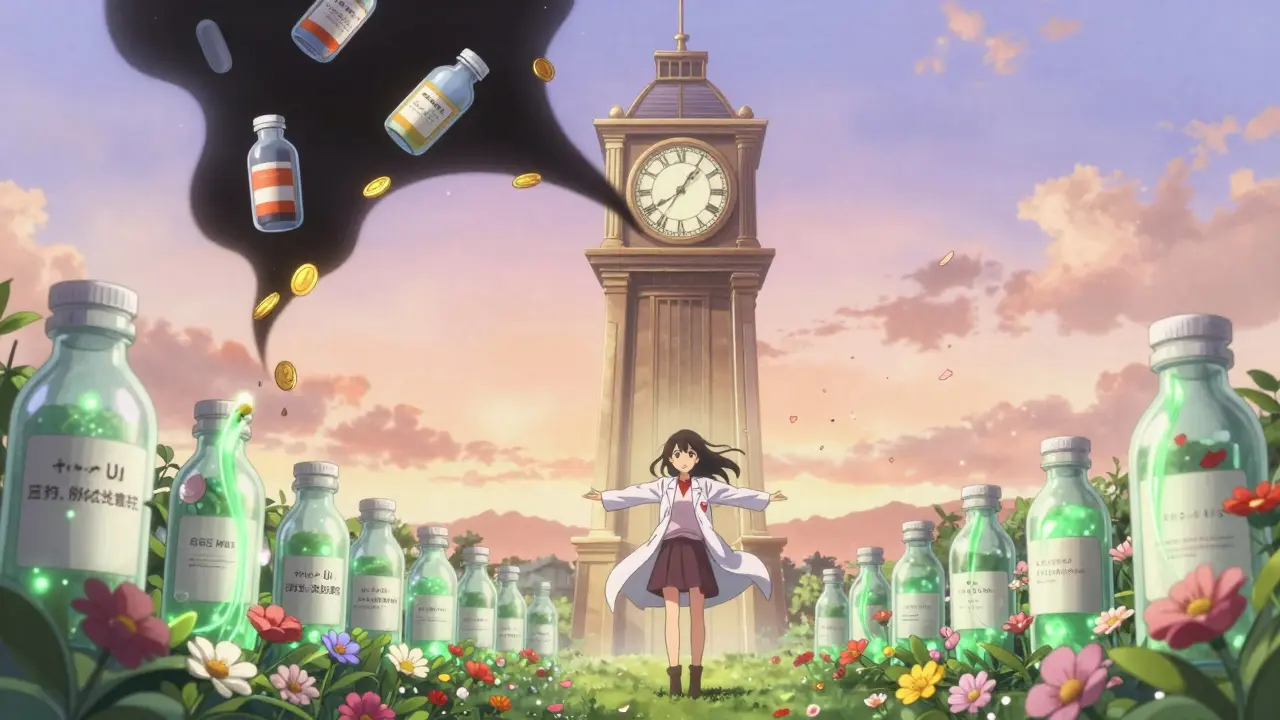 Uhr aus Pillenflaschen, eine Seite mit Goldmünzen, andere mit grünem Licht, das Blumen wachsen lässt.