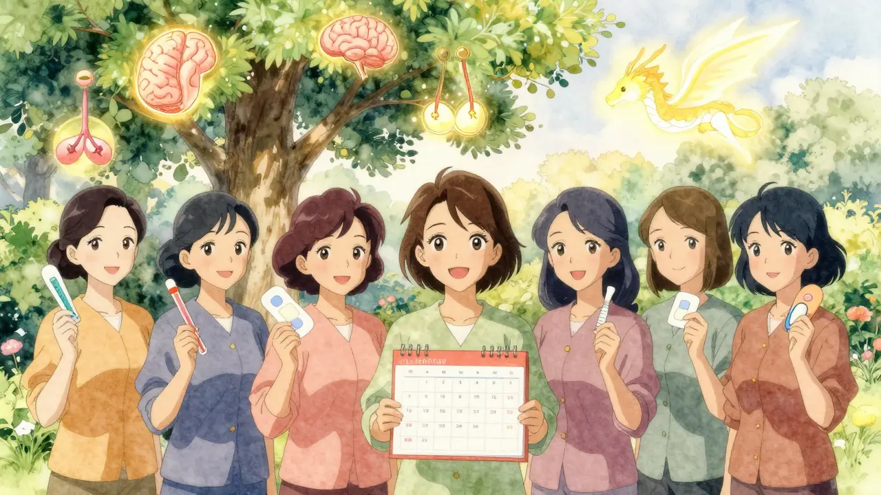 Verschiedene Frauen in einem Garten halten unterschiedliche Hormontherapien, über ihnen schwebt ein organförmiger Baum.