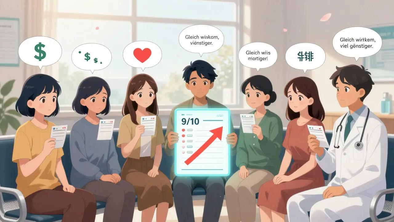 Verschiedene Patienten in einer Arztpraxis mit Gedankenblasen, die die Vorteile von Generika zeigen.