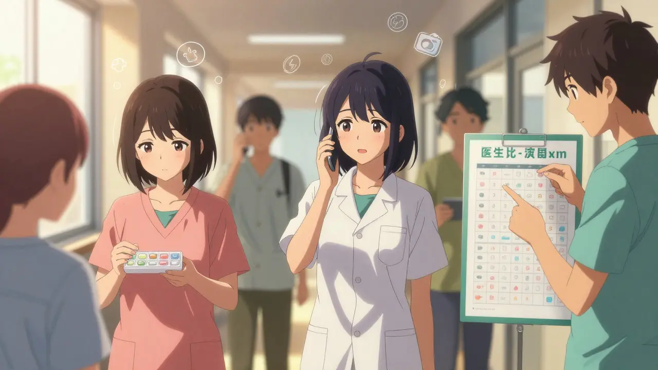 Verschiedene Patienten zeigen selbstsichere Selbstversorgung in einem Klinikflur, jeder mit einem klaren Ziel.