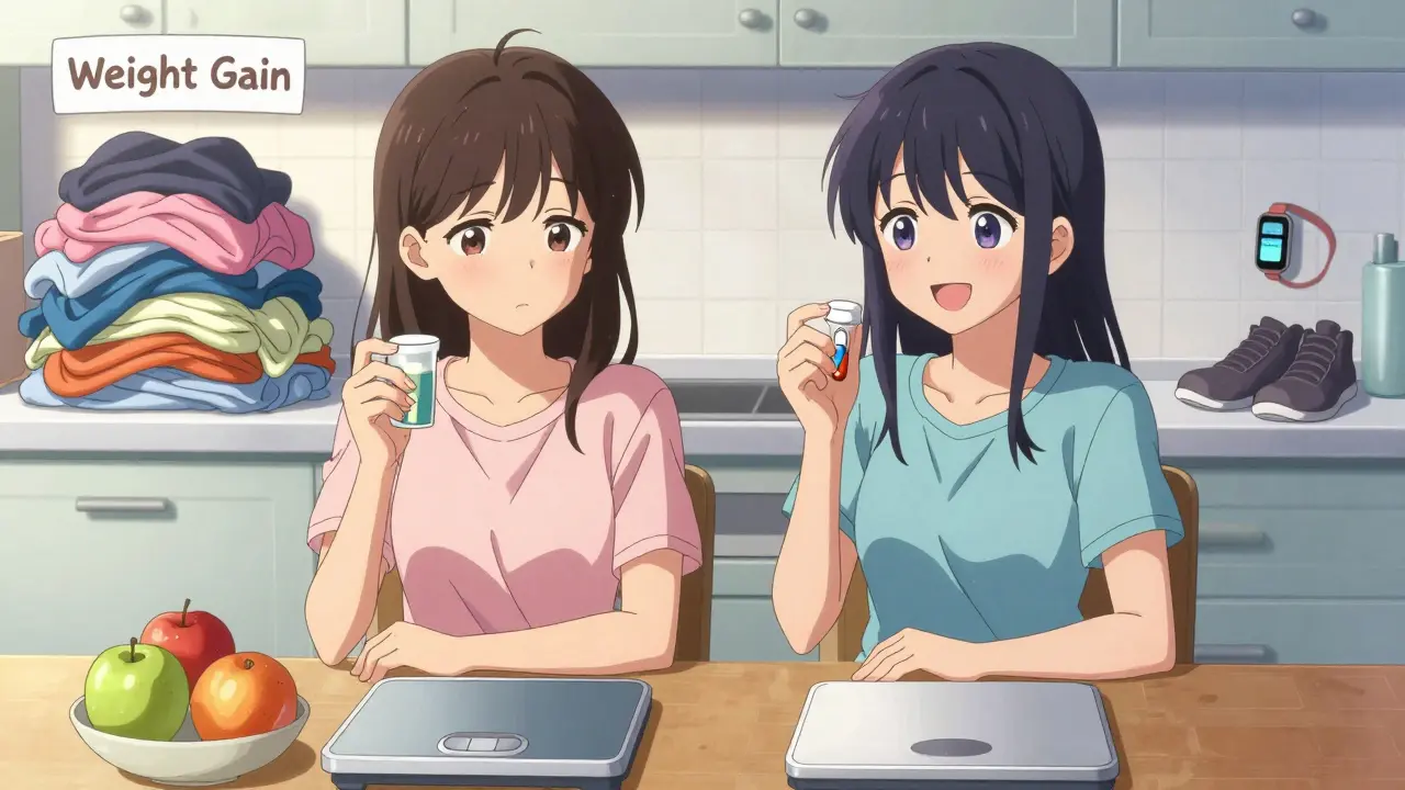 Zwei Frauen nehmen unterschiedliche Diabetes-Medikamente; eine mit Gewichtszunahme, die andere mit gesundem Lebensstil.