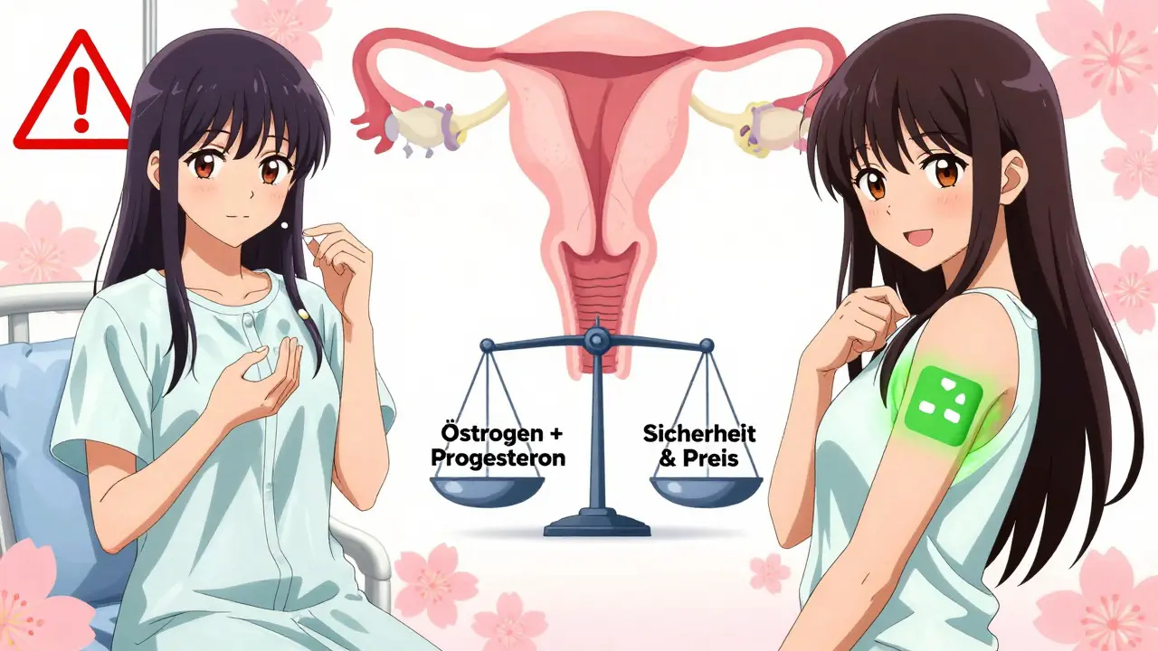 Zwei Szenen: Eine Frau nimmt Tabletten mit Warnsymbol, andere verwendet ein Pflaster mit Sicherheitsaura.