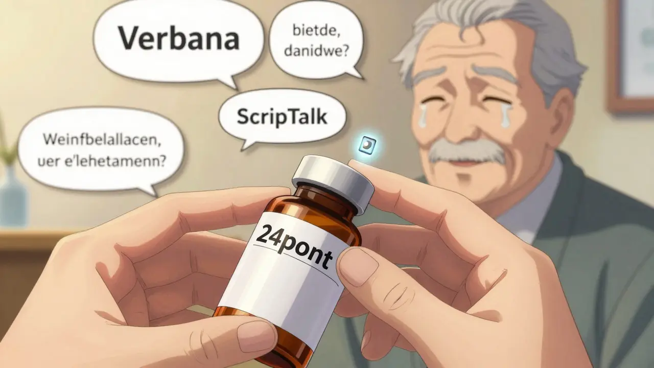 Apothekerin bringt ein großes Rezeptetikett an, ein älterer Mann blickt mit Erleichterung zu, ein RFID-Chip leuchtet leicht.