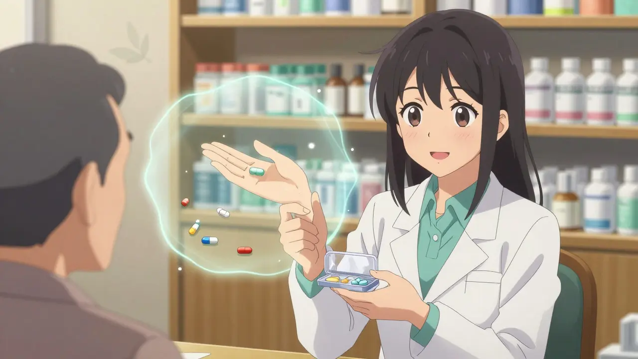 Apothekerin reicht einem Patienten eine Kombinationstablette in einer Apotheke.