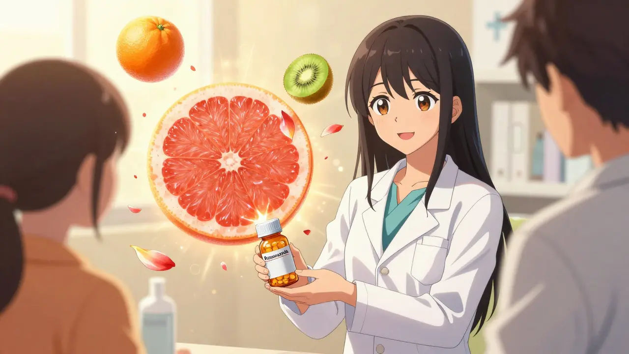 Apothekerin reicht Rosuvastatin, Grapefruit verwandelt sich in sichere Früchte.